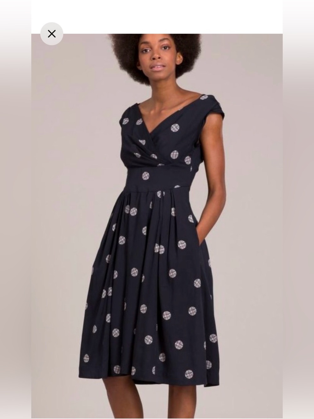 Navy Polka Dot Midi Dress with V-Neck
